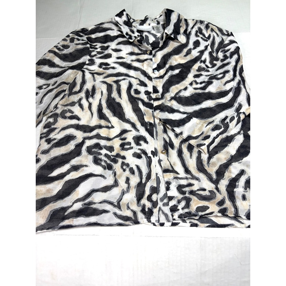 Alfred Dunner Petite 16P Animal Print Button Front Blouse Black White Tan